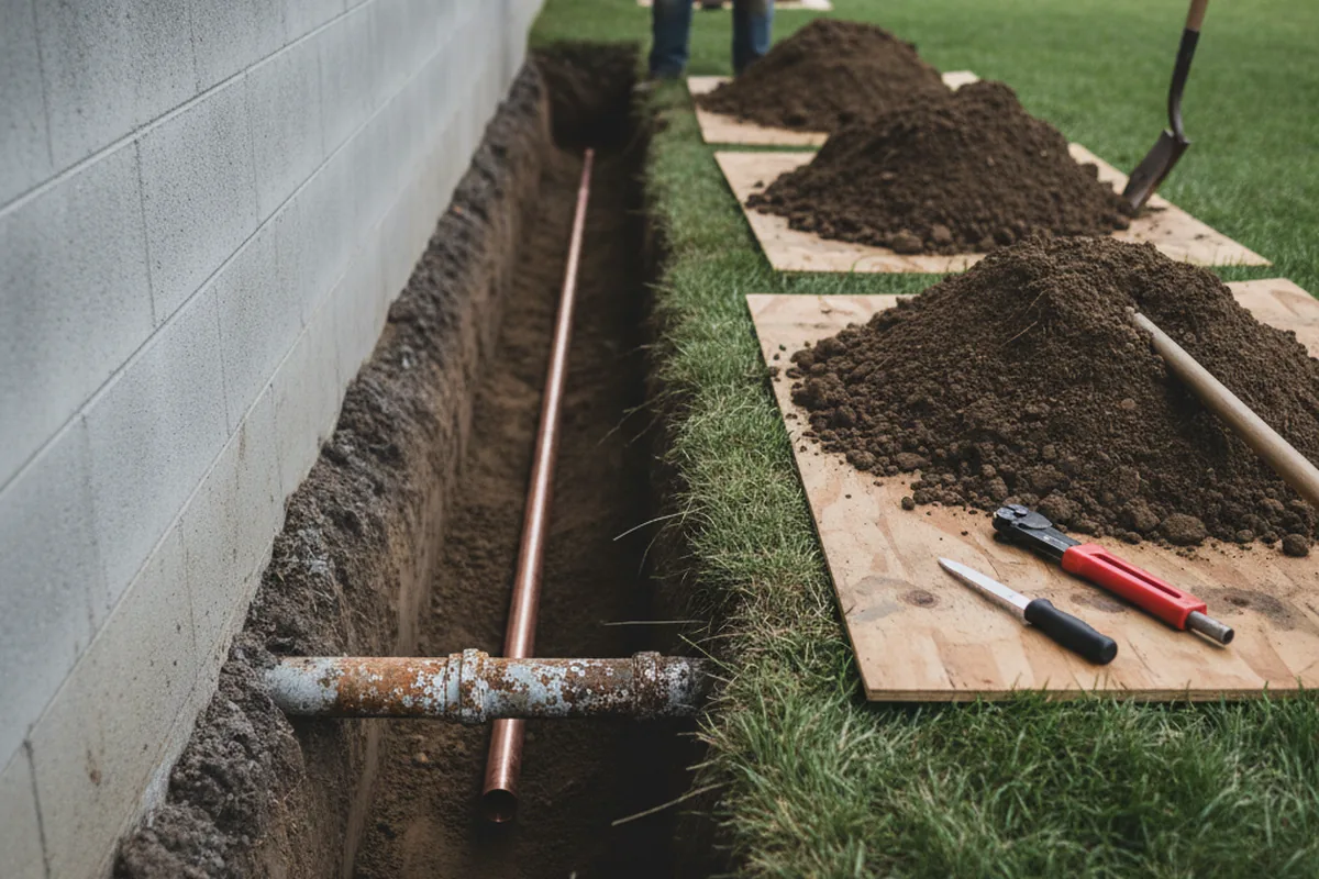 Excavated water line trench during Water Softener Installation in Poland